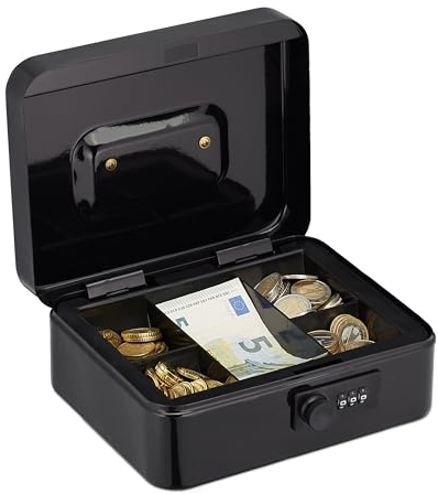 Relaxdays Geldkassette, 3-stellige Zahlenkombination, Münzeinsatz, Geldkasten Eisen, Kasse, HxBxT: 8,5x20x17 cm, schwarz