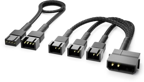 deleyCON 15cm 2-Pin Molex 12V Lüfter Y-Kabel Verteilerkabel auf 3x 3-Pin Stecker (2-polig) + 30cm PWM Lüfter Verlängerungskabel 4-Pin - 3 Gehäuselüfter an ein Netzteil - Schwarz