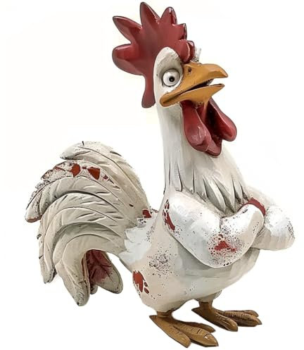 Bicuzat Funny White Rooster Statue, Resin Table Art Sculpture Funny Rooster Figurine Decoration, Rustic Country Tabletop Decoration, Farm Animal Kitchen Countertop Ornament, 6 Inches Tall-A
