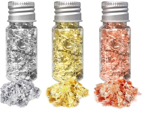 3 Flaschen Essbare Blattgoldblätter, Blattgold Flocken Multifunktions-Dekorfolienpapier Goldfolie Papier Dekorfolie Papier Küche Mousse Kuchen Backen Gebäck Kunsthandwerk Decor Blattgoldblätter