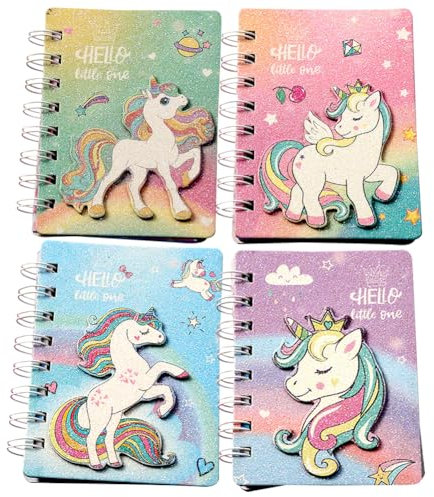 NKVCMBA Notizbücher, 4 pcs Cartoon Einhorn Notizbuch Tagebuch, Büro Eisenspule Notizblock, Nachfüllbares Tagebuch für Frauen Mädchen, liniert Reisende Tagebuchs 12.5 * 8cm