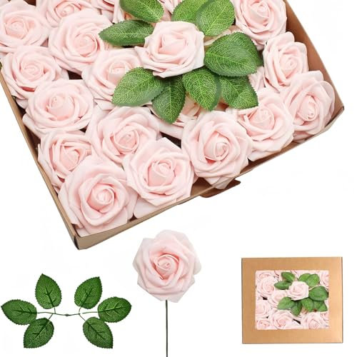 25 rose finte rosa champagne, fiori artificiali con schiuma realistica al tatto, fiori finti con steli, per sposa/baby shower, San Valentino, Natale, decorazioni per matrimoni