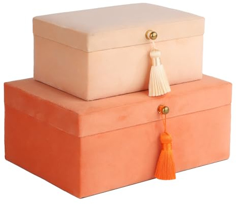 HofferRuffer Samt-Schmuckkästchen, dekorative Boxen, Aufbewahrungsboxen, Zubehör-Organizer-Boxen mit elegantem Griff-Dekor, klassisches Samt-Set, 2 Stück (Orange)