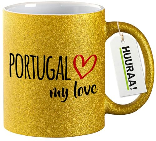 Huuraa Glitzer Kaffeetasse Portugal my love Geschenk 330ml Gold Portugal Geschenkidee