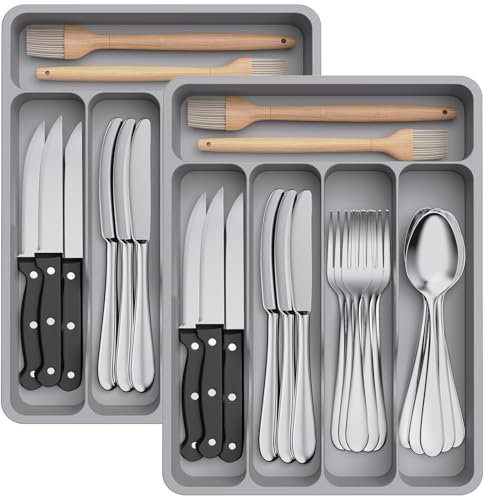 Lifewit 2 Stk. Besteckkasten, 23 x 32 x 4 cm Besteckeinsatz für Schubladen, 5 Fächer Schublade Besteck Organizer für Küche, Kleiner Kunstsoff Besteckhalter Besteckkorb für Löffel/Gabeln/Messer,Grau