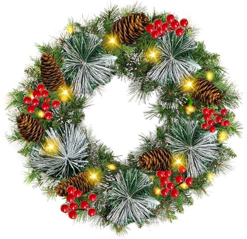 Türkranz Weihnachten Beleuchtet,40CM Weihnachtstürkranz mit Beleuchtung, Weihnachts Türkranz Weihnachtskranz Haustür Deko Künstlich, Weihnachtskranz für Tür, Adventskranz