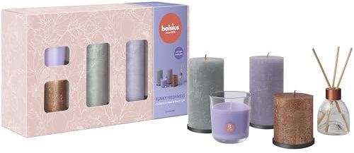 Bolsius Rustic Pillar Candles with Reed Diffuser and Scented Candle - Gift Set of 5 - Funky Freshness - Lavender - Decorative - Long Burning Time - Includes Natural Vegan Wax