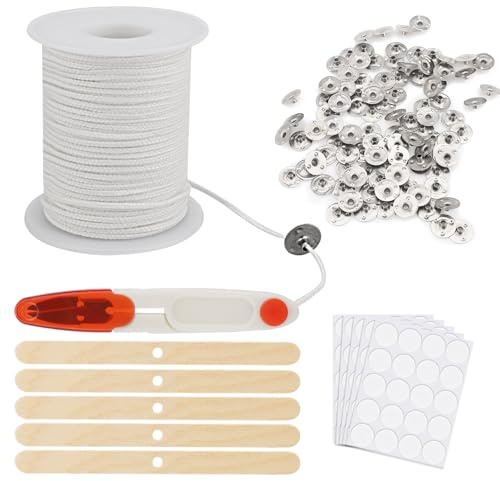 Kerzendocht Set 61m mit Haltern und Zubehör für DIY Kerzen | 61m Kerzendocht | Mit Haltern & Stickern | Baumwoll Docht | Für DIY Kerzen, Duftkerzen und Öllampen