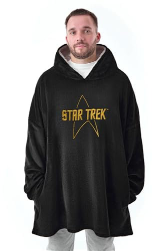 Star Trek Herren tragbarer Decken-Hoodie | Kapuzenpullover aus Fleece für Erwachsene in Schwarz mit gesticktem Logo | Sherpa-gefütterte Loungewear mit Taschen | Science-Fiction-Merchandise