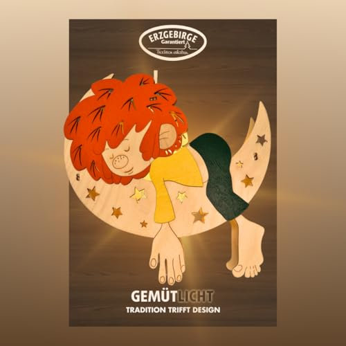 weigla - Fensterbild original Erzgebirge I Motiv Pumuckl im Mond I Weihnachtsdeko Fenster I 1 Lampe I 7 W, E14 I Fensterbild Weihnachten I Weihnachtsbeleuchtung aus Holz I Fensterdeko hängend