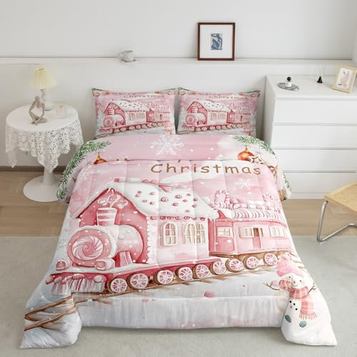 feelingyou Parure de lit réversible 3 pièces motif train de bonbons rose pour enfants, fille et femme, motif bonhomme de neige, sucette d'hiver, insert de couette rêveuse pour fille, 2 taies