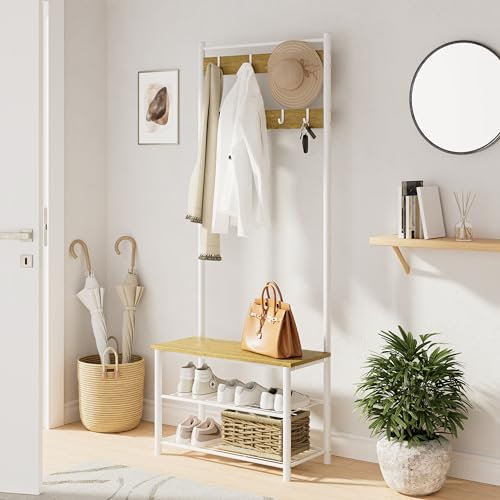HEYZOEY Coat Stand, Coat Rack with Shoe Storage, 3-in-1 Freestanding Wooden Coat Rack with Shoe Bench and ShoeRack, 3-Tier Shelf and 4 Removable Hooks, White