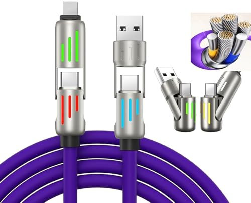 4 in 1 Multi Charger Cable PD 240W with Dual USB-C & USB-A Ports 1.2m, Metal Ports with Breathing Light Compatible with iPhon14,16 Android Samsung Galaxy MacBook iPad Android devices (Purple)