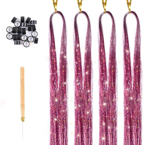 Hair Tinsel Kit,25 STK 120CM Glitzer Haarsträhnen mit Werkzeug zum Flechten, Hitzebeständiges Haar Lametta, Tinsel Hair Extensions, für Mädchen und Frauen, Festival und Party (Rosa)