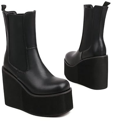 ENWIND Stivali Chelsea da Donna con Piattaforma E Doppio Elastico in Gore Punta Tonda Tacco A Zeppa Stivali da Combattimento,Nero,36 EU