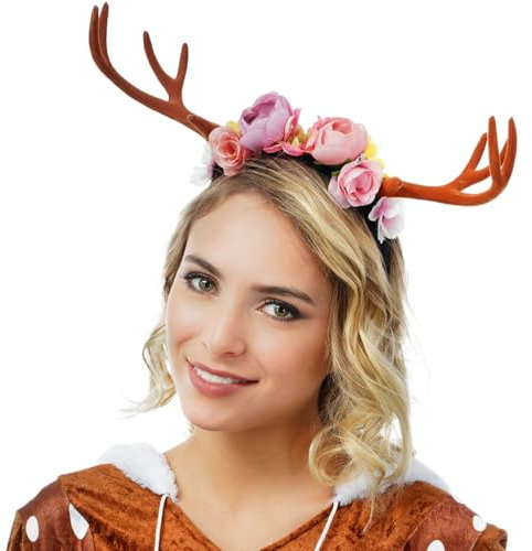 Krause & Sohn Reh Haarreif mit Blumen und Geweih 12 x 29 cm Kostüm-Zubehör für Damen Tierkostüm Accessoire Fasching Karneval