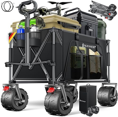 KESSER® Bollerwagen GTR9000 Handwagen 200kg | 300L Stauraum Transportwagen faltbar breite 360° Luft-Räder & Feststell-Bremsen Wetterbeständig Strandwagen inkl Abdeckung, Seitentasche & Getränkehalter