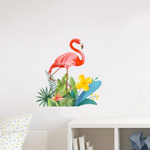 Flamant rose tropical 29 x 29 cm Sticker mural décoratif Motif floral pour toilettes et maison