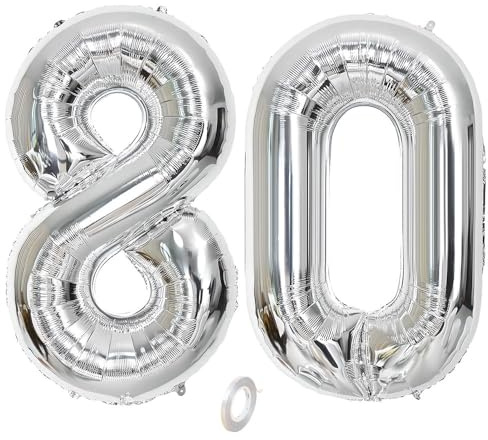 Balorise 40 Zoll Aluminium Luftballon Silber Zahl 80, Helium Unterstützt, Ballon Nummer 0-9, 10-100 (101cm), große Folienballons Dekoration für Geburtstagsfeier, Hochzeit, Jubiläum