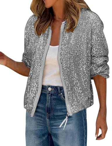 Ellunis Damen Pailletten Jacke Langarm Reißverschluss Schimmer Rundhalsausschnitt Blazer Cocktail Party Mantel Glitzer Bomberjacke