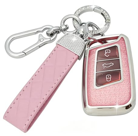 SparkleJoy Autoschlüssel Hülle Schlüsselanhänger für VW Skoda Fabia Seat | Rosa Schlüsselhülle VW Golf 7 Polo Tiguan Mk7 Skoda Touran Fabia Octavia Superb Seat Leon Schlüssel, Schutzhülle Cover