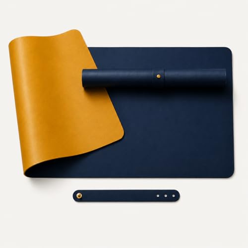 Archival Desk Mat PU Leather Desk Pad 60 x 30 cm – Reversible Waterproof Mouse Pad and Keyboard Mat with Non Slip Base for Office Home Study Gaming, Midnight Blue and Golden Yellow