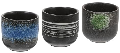 GLEAVI 3Pcs Japanese Style Ceramic Tea Cups for Home Use Unique Smooth-Edge Tea Mug Trio in Colorful Snowflake White Patterned Design