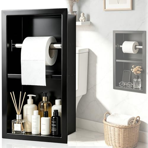 Porte-Papier Toilette Encastrable, Acier Inoxydable 304 WC Porte-Papier Toilette Support pour Rouleau épais Meuble Salle Bain Niche Murale 31 × 15 × 10 Cm avec Bord Roulé 1 Cm (Noir, B)