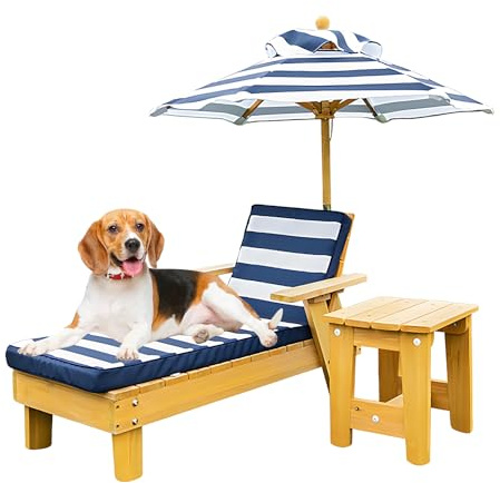 LXDZSM Waterproof Dog Bed 4-Piece Set with Canopy Umbrella & Coffee Table - Fir Wood Washable Pet Lounger for S/M/L, Outdoor Chaise Chairs for Patio Garden Pool Beach Backy blue 14.96Dx36.8Lx24.4H