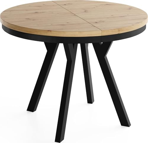WFL GROUP Runder Ausziehbarer Esstisch im Loft-Stil – Verlängerbarer Tisch mit Schwarzen Holzbeinen & Metallring – Platzsparender Esstisch für Wohnzimmer – Eiche Artisan Hellbraun – 80 bis 130 cm