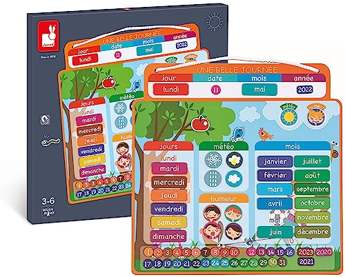 Janod - Magnetischer Kalender ‘Ein schöner Tag’ - Kinder Lerntafel - 67 Magnete - Lernspiel Datum, Wetter und Jahreszeit - Französisch- Ab 3 Jahren, J02972