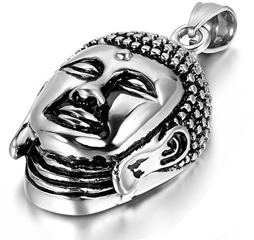 Flongo Edelstahl Anhänger Halskette Silber Schwarz Buddha Kopf Amulett Retro Herren,Damen mit 55cm Kette