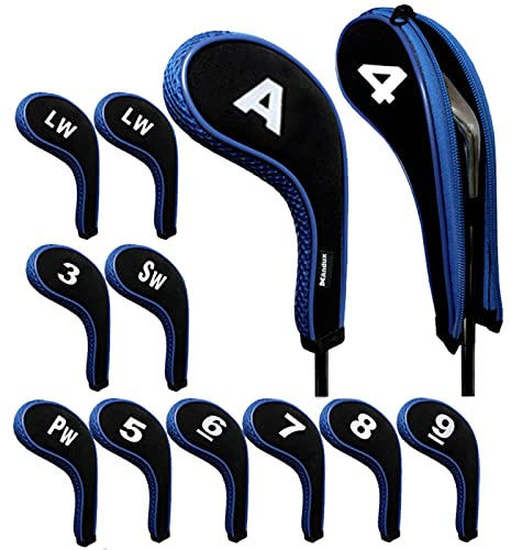 Andux Number Print Golf Iron Club Head Covers Long Neck with Zipper 12pcs/Set Black/blue