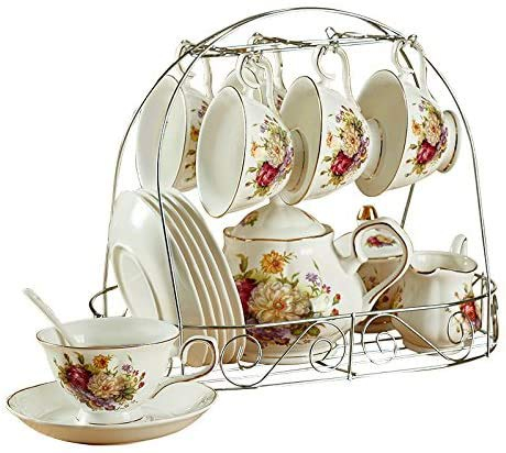 ufengke 15 Piece European Ceramic Service Coffee Set Wiht Metal Holder,Red and White Rose Printing Vintage Tea Set,For Household