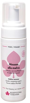 BIOFFICIN TOSCANA-Mousse mit sanfter Malve mit toskanischen Bio-Organic, zertifiziert Aiab Bio eco Kosmetik, Lav, Vegan, Nickel Tested, Dermatologically getestet. 150 ml | Gesichtsreinigungsschaum, Beruhigend und erfrischend, für empfindliche Haut, mit Schleimstoff der toskanischen Bio-Malve
