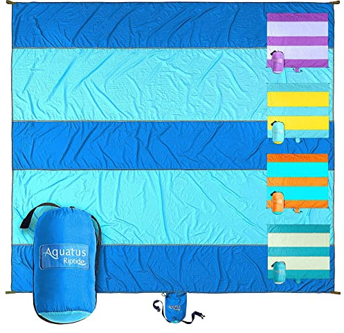 AQUATUS Premium XXL Beach Blanket Sandproof Water Resistant Quick Dry Mat 10ft by 9ft for 1-8 Adults with 4 Metal Stakes, 4 Corner Pockets, Secure Clip and Strap, and Attached Bag