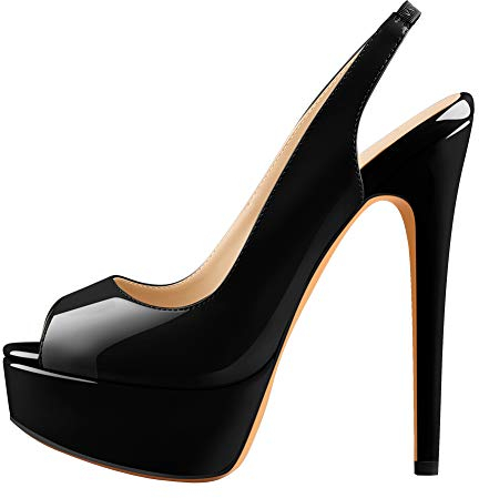 Only maker Damen Plateau Sandaletten Peeptoe Slingback High Heels Lack Sandalen mit Stiletto Absatz Schwarz 38 EU