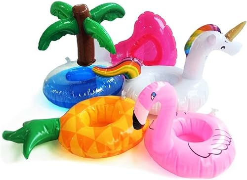 Inflatable Drink Holders, 5pcs Floating Cup Holders for Hot Tub, & Repair Patches, Flamingo Unicorn Drink Holder for Pool,