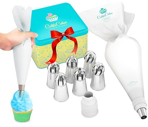 CukkiCakes Kit de pâtisserie professionnel (8pcs): poche à douille reutilisable (35cm) + 6 douilles russes à pâtisserie grandes - Pour décorer gâteaux et cupcakes