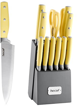 hecef Juego de Cuchillos de Cocina 14 Piezas con Afilador, Tijeras y Bloque de Madera, Amarillo – Hoja de Acero Inoxidable, Mangos Ergonómicos, Corte Preciso, Ideal para Regalo o Cocina Diaria