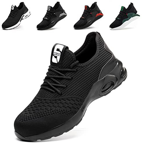 Nasogetch Sicherheitsschuhe Herren Leicht Arbeitsschuhe Damen Sportlich Stahlkappenschuhe rutschfest Atmungsaktiv 708 Pures Schwarz EU44 270