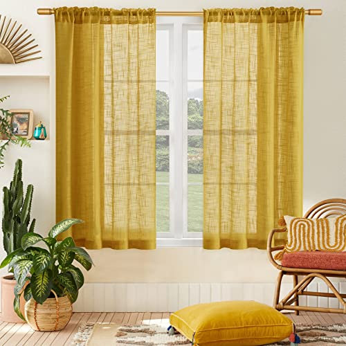 Juego de 2 Paneles de Cortinas pequeñas de Lino sintético semitransparentes y Cortas de 48 Pulgadas de Largo para Ventana de Cocina, decoración de Primavera y baño, Color Amarillo Mostaza