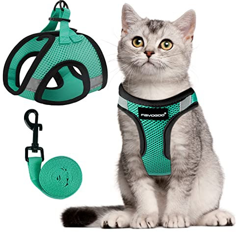 FAYOGOO Katzengeschirr Ausbruchsicher mit Leine, Katzengeschirr Fluchtsicher & Verstellbar Katzenleine mit Reflektorstreifen für Nächtliche Sicher & Bequem für Katzen, Grün XL