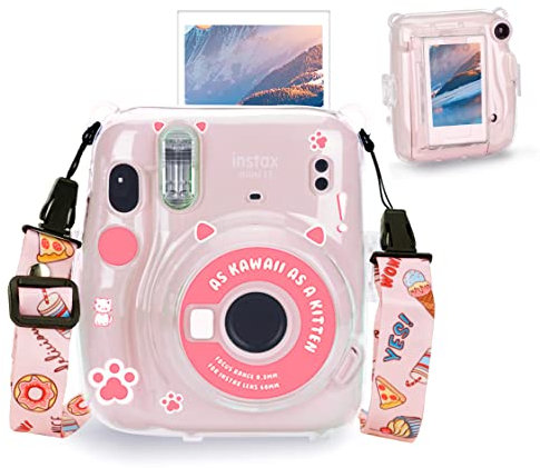Yosuny Tragbare transparente Hülle Kompatibel mit Fujifilm Instax Mini 11 Sofortbildkamera, Hartschalen-Schutzhülle, Schultergurte und Aufkleber-Dekorationsset (Katzenpfote)