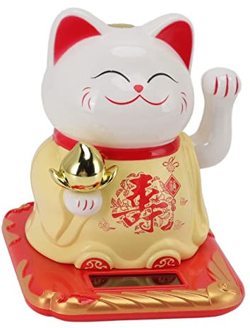 Glückskatze mit Winkendem Arm Lebendige und liebenswerte Chinesische Katze Solar Glückskatzen Statue für Heim Büro und Auto Dekoration (Gelb)