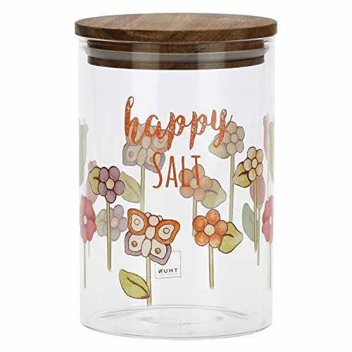 THUN, Barattolo per Sale in Vetro Decorato con Motivi Floreali e Tappo in Legno d'Acacia, Linea Happy Country, Ø 10 cm, 15 cm h, 900 ml