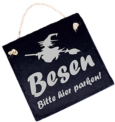 Schild Hexenbesen Hexe - Besen, Bitte hier parken! - Deko Hexe Halloween Türschild aus Schiefer Halloween 11 x 11 cm