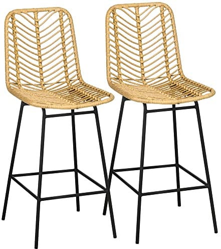 HOMCOM Lot de 2 tabourets de Bar Chaise de Bar Design bohème Hauteur 66 cm avec Repose-Pieds métal - Naturel