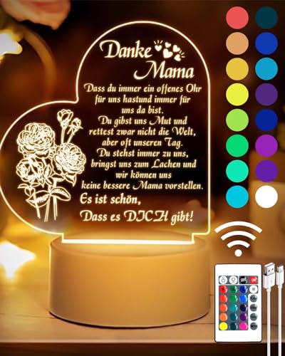 DJLLA Muttertagsgeschenk für Mama von Tochter und Sohn, Mutter Geschenk, Mama Geburtstagsgeschenke, Weihnachtsgeschenke für Mama, Erntedankfest, Acryl-USB-Nachtlichter, 16 Farben