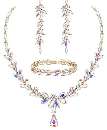 EVER FAITH Schmuckset Österreichisches Kristall Braut Schmuck-Set, Elegante Marquise Strass Blatt Halskette mit baumelnden Ohrringen Tennis-Armband-Set, Schillernder AB Gold-Tone